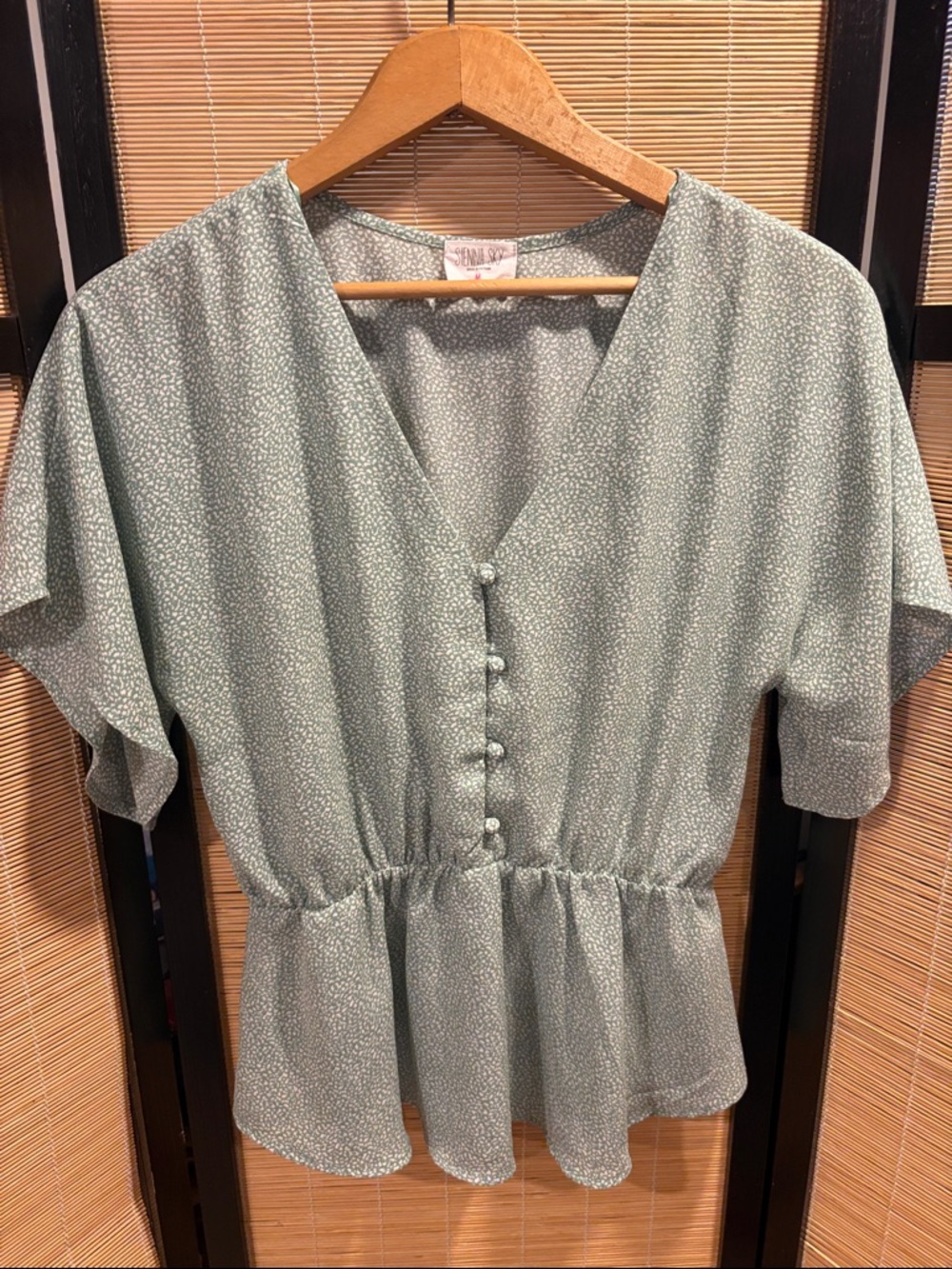 Sienna Sky Light Sage Button-Front Peplum Top